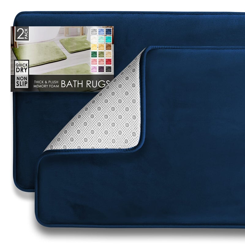 Clara Clark 2 Piece Bathroom Rugs Bath Mat Set, Velvet Memory Foam Bath Mats for Bathroom - Non-Slip, PVC Backing Bath Rugs, Washable - Dries Quickly, Blue - Image 1